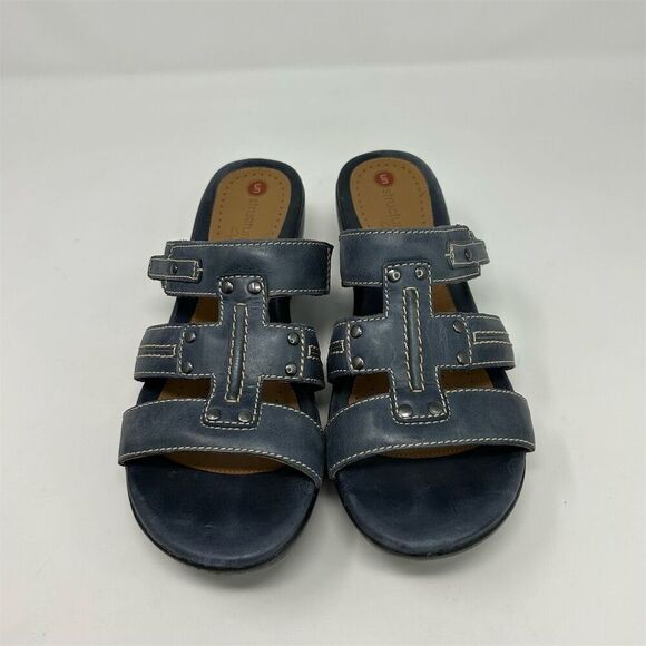 Clarks Unstructured Women's Blue Leather Slip On Wedge Sandals Size 9.5 Comfort - Picture 4 of 12